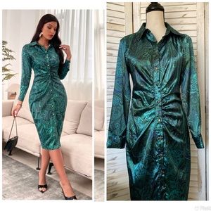Zara Green Paisley Midi Dress button up with flattering ruching